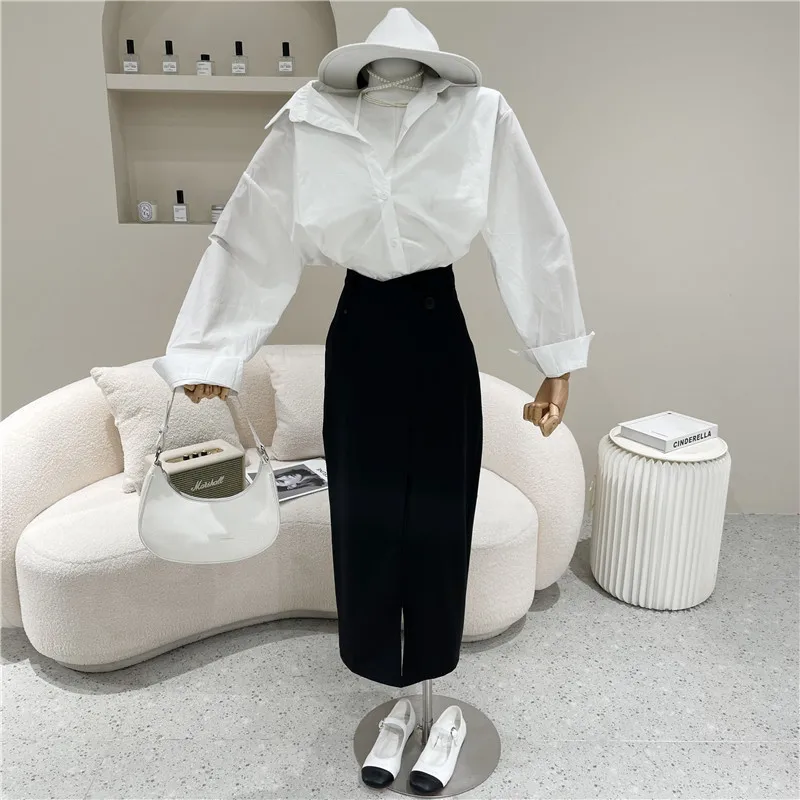 

Women's clothing Spring Summer 2021 Fashion New Simple loose solid color long sleeve shirt + high waist over knee black skirt