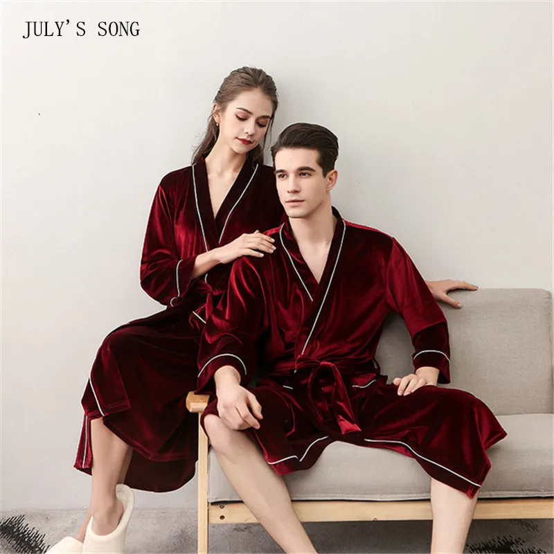 

JULY'S SONG New Sleepwear Robe Winter Autumn Velvet Women Nightgown Solid Color Pajamas Man Homewear Bathrobe Casual Couple Robe