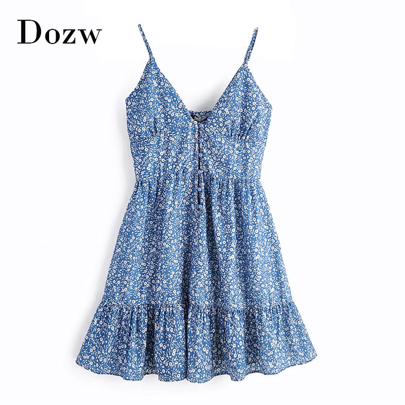 Сексуальный v-образный вырез мини платье для женщин Цветочный принт спагетти