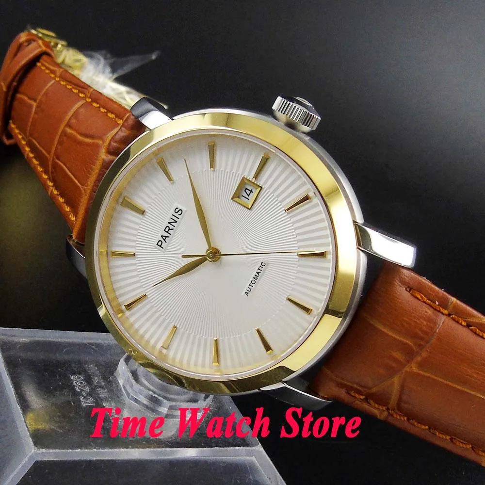

simple Parnis 41mm 21 jewels japaness Miyota 5ATM polished Automatic men's watch sapphire glass white dial gold marks hands