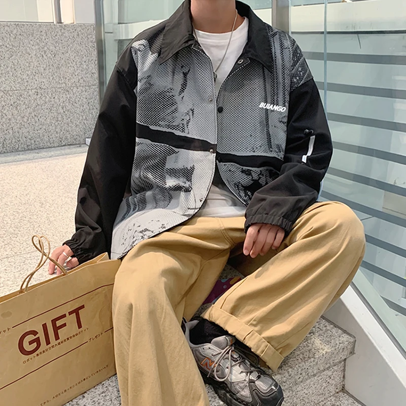 

Men Jackets Ins Japanese Style Couple Loose Single Breasted Harajuku Print Spring Coat Teens Preppy New Outwear Jacket All-match