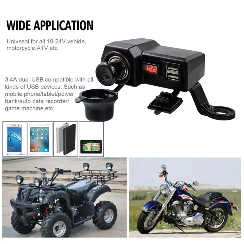 

Waterproof 12V Motorcycle Dual USB Charger With LED Voltmeter Lighter ON OFF Switch for Cellphones Mobile Tablets GPS