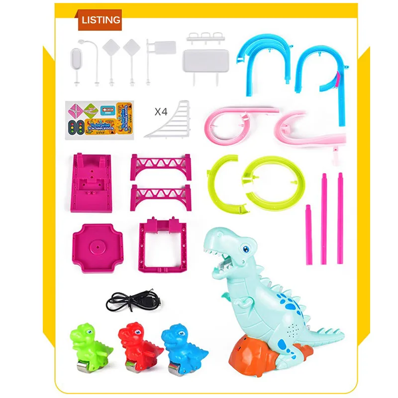 

Cartoon Dinosaur Track Set Electric Slide Railcar Track Toy Dinosaur Climb Stairs Music Light Interactive Educational Toys