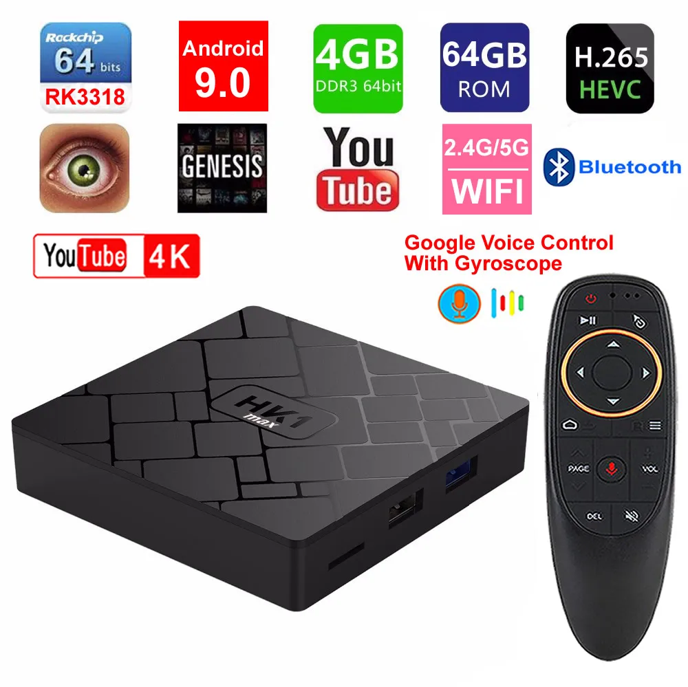 HK1 MAX Smart tv BOX Android 9,0 RK3318 четырехъядерный процессор 4 ГБ ОЗУ 64 Гб ПЗУ Bluetooth 2,4G 5G двойной wifi USB3.0 3D 4K HDR IP tv телеприставка