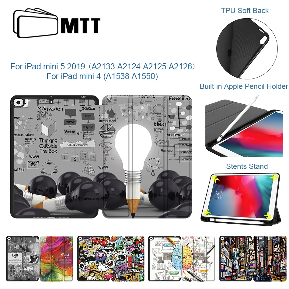 Чехол для планшета MTT для iPad Mini 5 Mini 4 7,9 '', тонкий мягкий чехол из искусственной кожи и термополиуретана с откидной крышкой и подставкой, умный чехол с держателем для карандашей