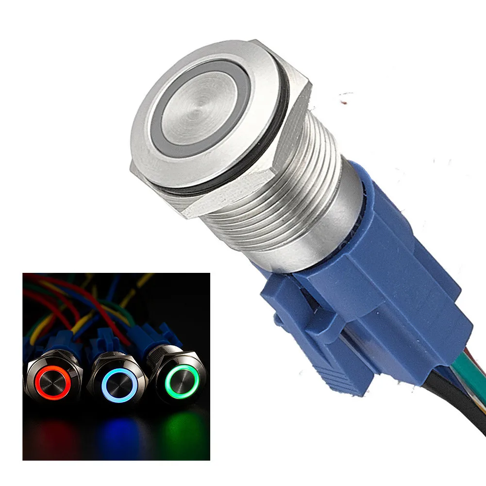 

16mm Momentary Push Button Switch 12V DC Stainless Steel LED Self-Reset Solder Foot Self-resetting Flat Head Ring Light