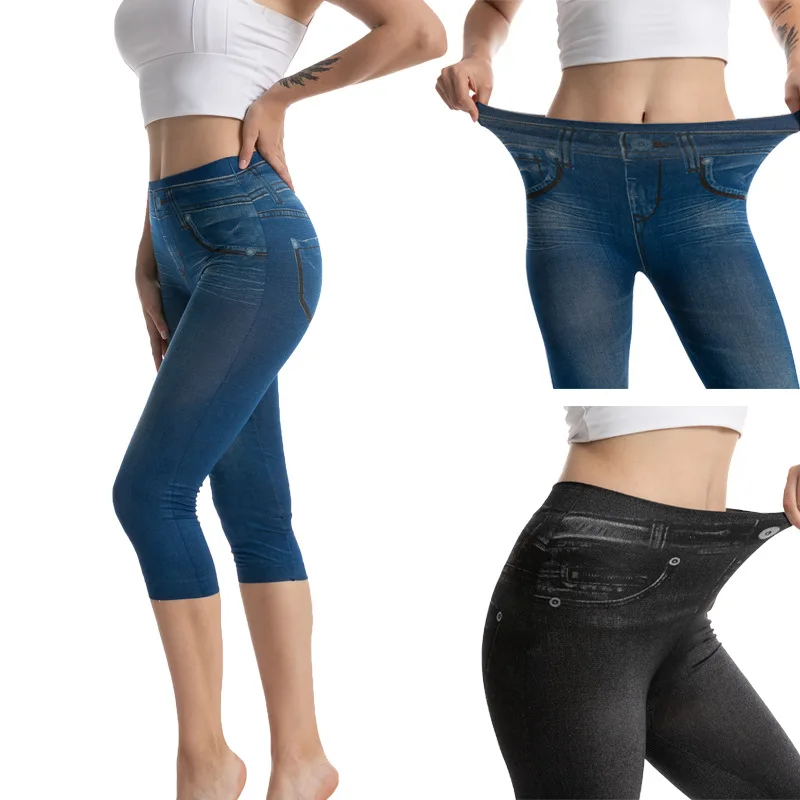 

Женские Имитация джинсов, штаны для йоги, эластичные облегающие леггинсы для фитнеса, джинсовые джинсы, облегающие бедрами, спортивные брюк...
