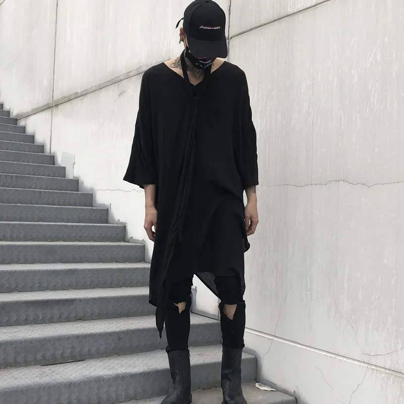 Футболка мужская оверсайз с V образным вырезом модная повседневная длинная