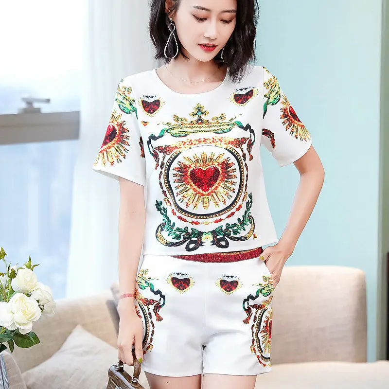 

Summer Suit Women's Casual Fashion Two-Piece Suit 2021 New round Neck Printed Short-Sleeved T-shirt Cropped Pants Set Fashion