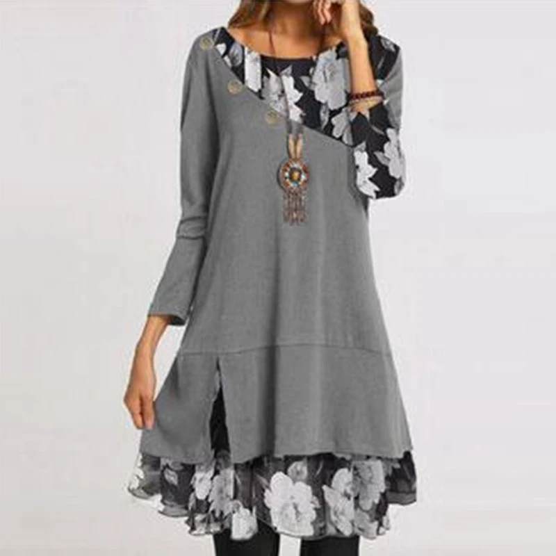 2021 Hot Selling Women Fashion Chiffon Printed Loose Plus Size Dress  Print Leisure Style Tunic Elegant Long Sleeve Dresses