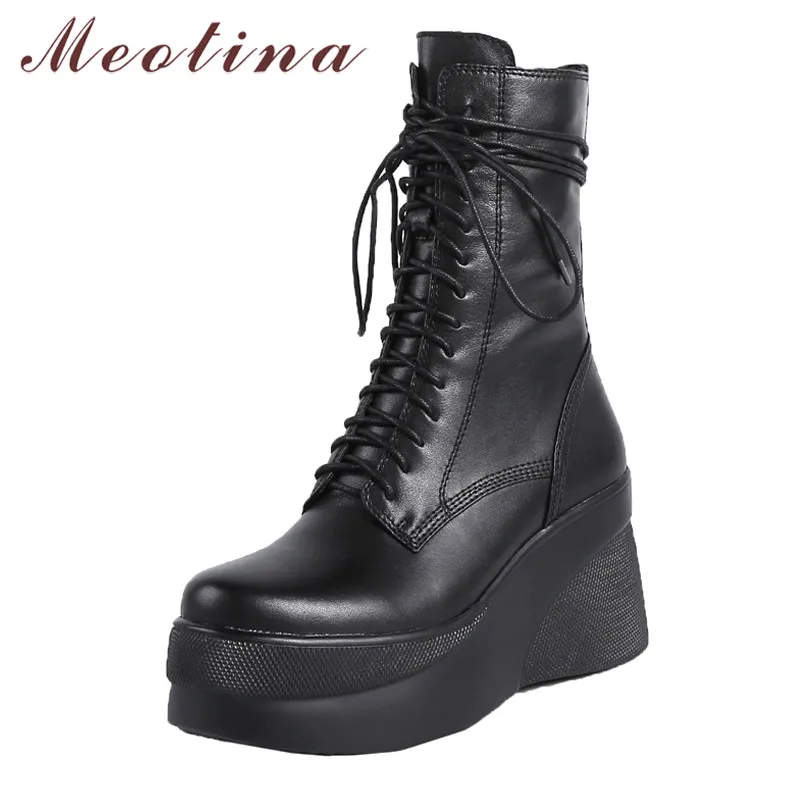 Meotina Winter Ankle Boots Women Natural Genuine Leather Platform Wedge High Heel Short Zip Round Toe Shoes Ladies Fall 39 | Обувь