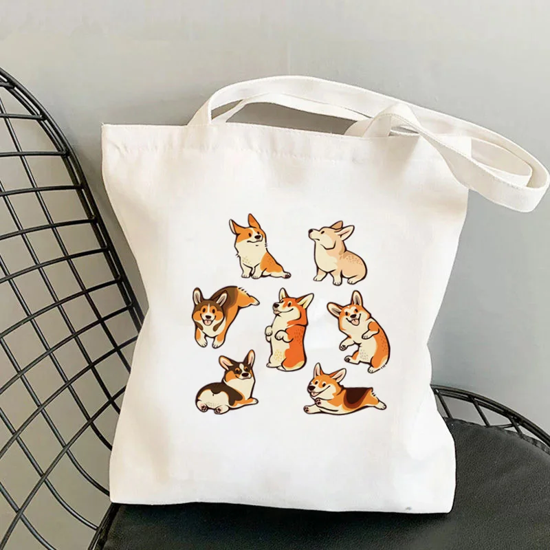 

Shopper Corgi family Printed Kawaii Bag Harajuku women Shopping Bag Canvas Shopper Bag girl handbag Tote Bag Shoulder Lady Bag