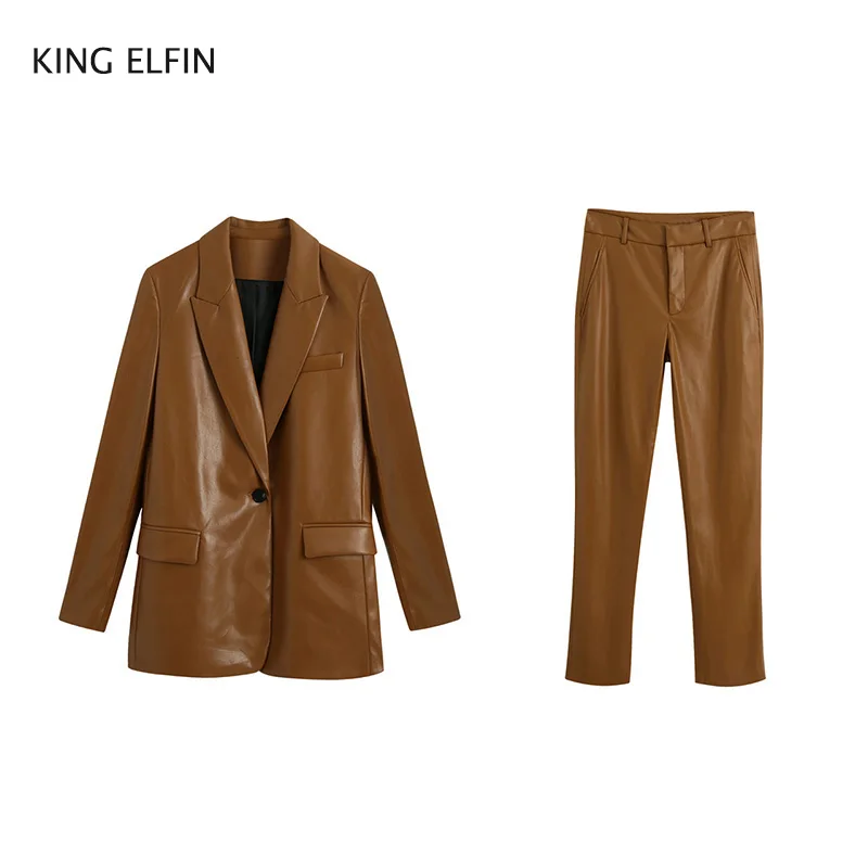 Женский блейзер KING ELFIN Осенний из искусственной кожи с одной пуговицей и