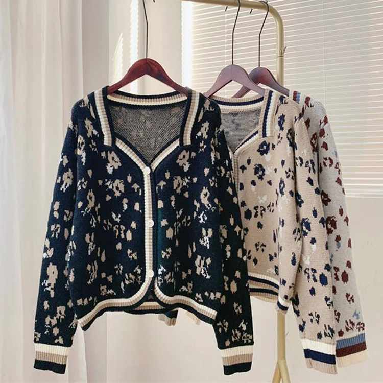 

2021 New Autumn Women Fashion Knitted Square Neck Flower Print Sweater Long Sleeve Sweater Women Casual Cardigans Coat