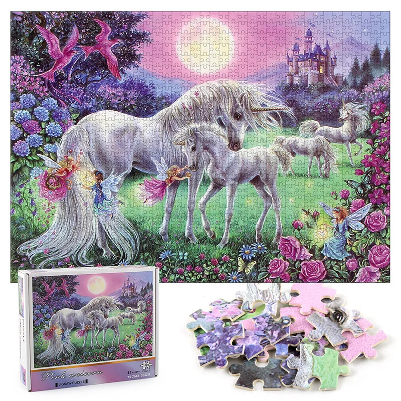 

Unique Puzzle 1000 Pieces New Colorful Pink Unicorn Animal Cute Jigsaw Brain Game Thick Design 50x70cm Fidget Toy for Adult Kids