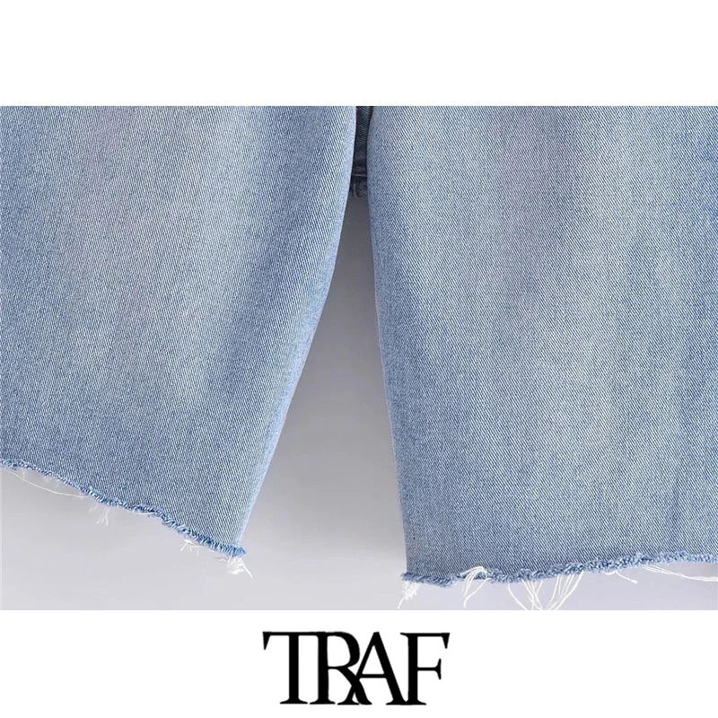 

TRAF Women Chic Fashion Ribbed Tassel Denim Bermuda Shorts Vintage Mid-Rise Button-Fly Female Short Jeans Mujer
