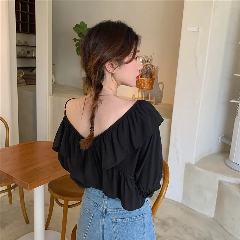 

2021 New Korean Chic Solid Color Women Shirt Ruffled Simple Short-sleeved Chiffon Blouse Elegant Asymmetry Top Female 14611