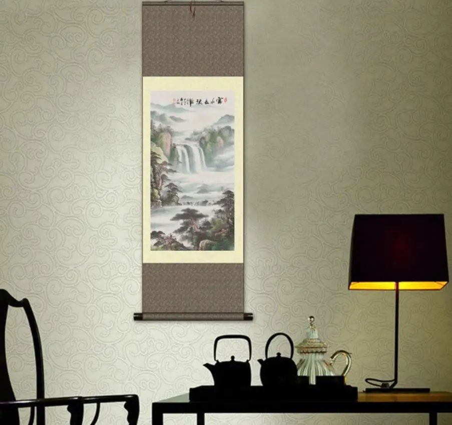 

1 шт. домашнее украшение, китайская шелковая картина свиток Yunshan Feiliu, пейзажная чернильная картина S169