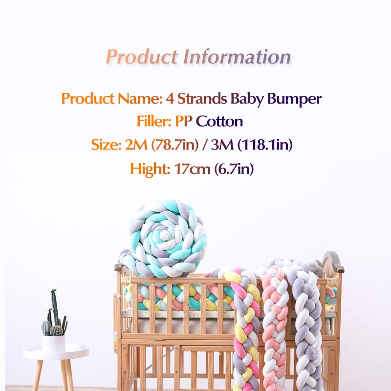 Baby Shining 4 Strands Newborn Crib Bumper 2M/3M Infant Bed Protector Room Decor 17CM(6.7in) Height Pure Weaving Plush Knot