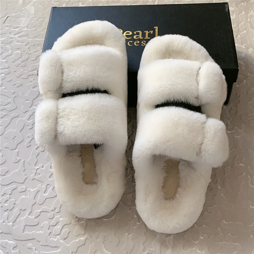 

New Ladies Slippers High Imitation Mink Fur Women's Shoes Fluffy Mink Fur Warm And Fashionable Artiflcial Flat Slippers 35-42