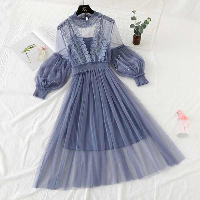 2021 Новинка в Корейском стиле Кружевное платье из тонкого сетчатого полотна для