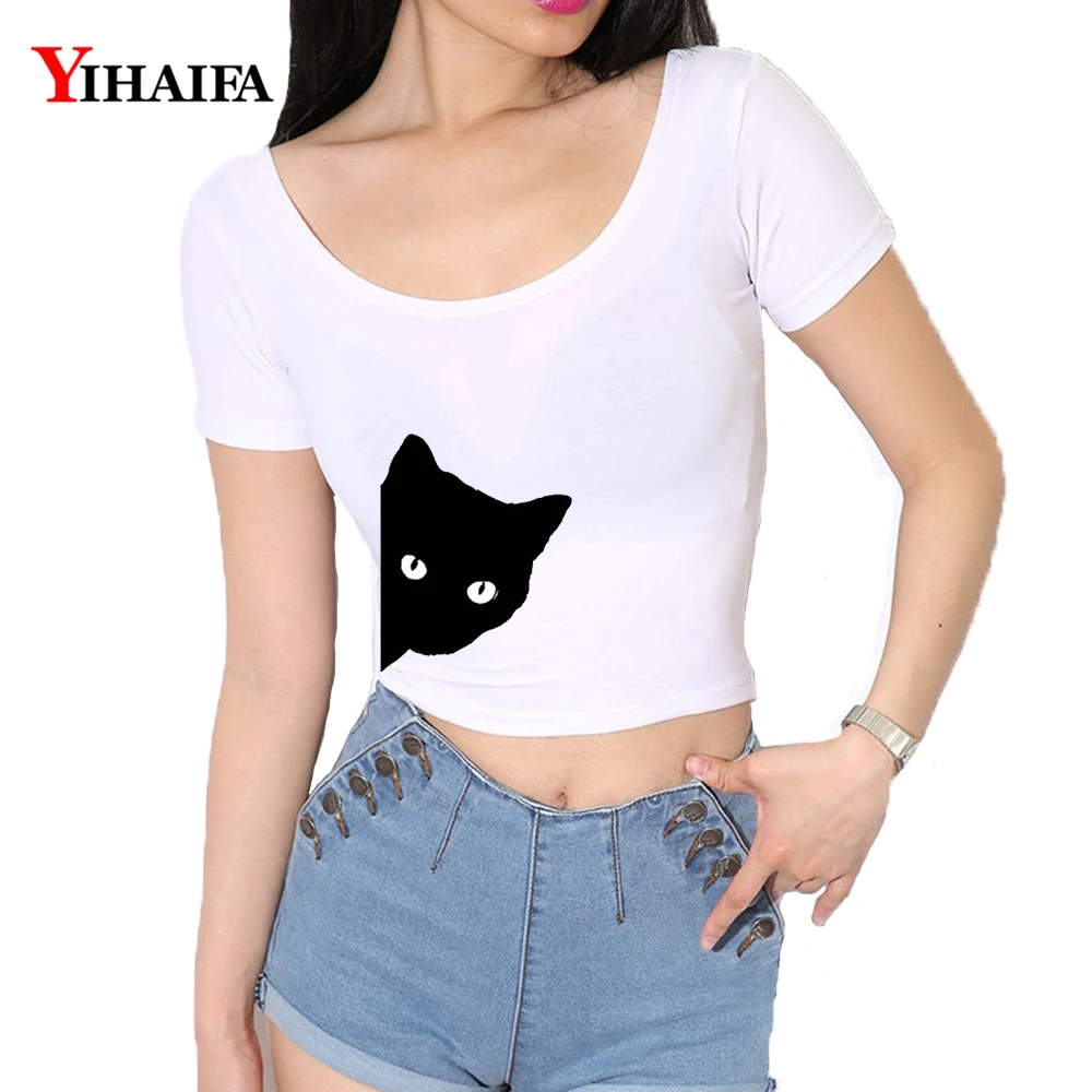 Женский укороченный топ YIHAIFA футболка с принтом кошки u образный вырез топы