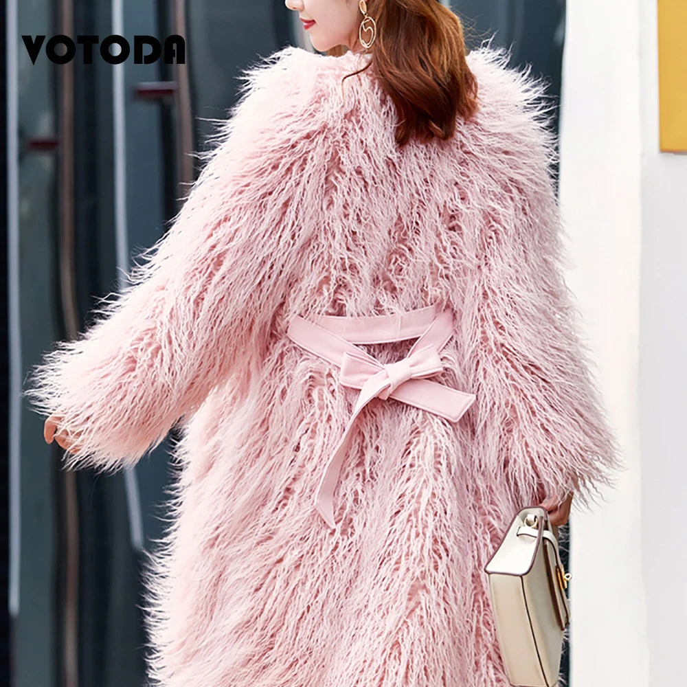 Women Long Mongolian Wool Fur Coat Pink Elegant Faux Fur Coat Fluffy Furry Warm Outerwear Ladies Thick Jacket Lambswool Overcoat