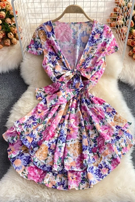 

Summer 2021 New Short Sleeve V-neck Floral Dress French Fashion Girls Ins Trendy Deep V-neck Bra Beach Dress Tie Knot Dresses