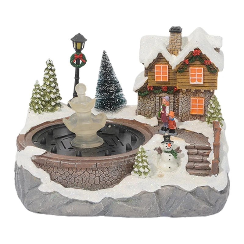 

2022 New Christmas Village Scene Ornament Colorful LED Lighted Resin Snow House Music Water Fountain Animated Statues Figurine