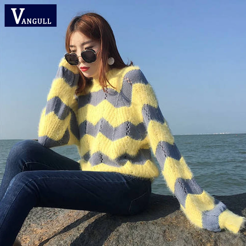 Женский свитер в полоску Vangull вязаный пуловер контрастных цветов с круглым
