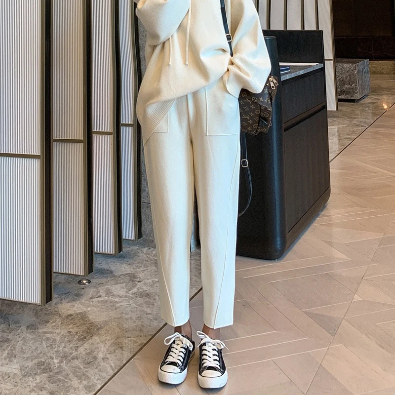 Осенне зимние вязаные женские шаровары HLBCBG эластичные штаны с высокой талией и