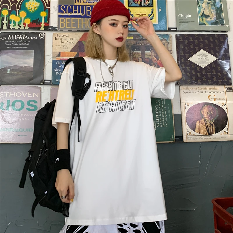 

Women's Cotton Short-Sleeved T-shirt Loose Mid-Length 2021 New Couple Harajuku BF Style Students' Half-Length Sleeve Top Fashion