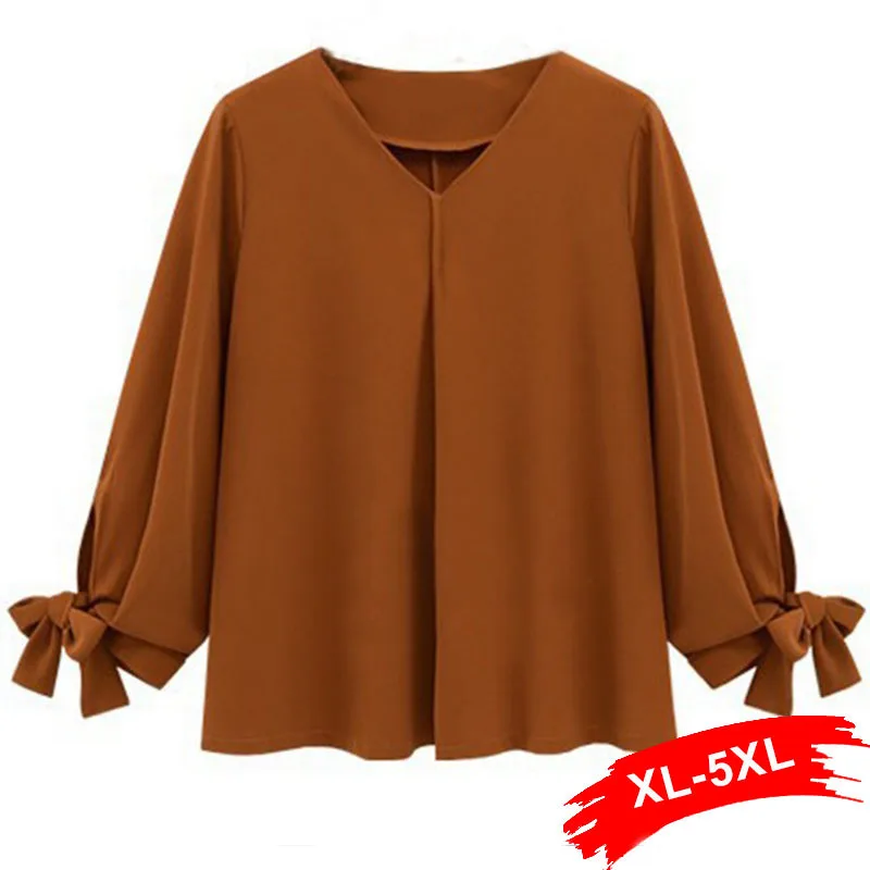 Женские шифоновые блузки размера плюс в Корейском стиле XXL 4XL 3XL с v-образным