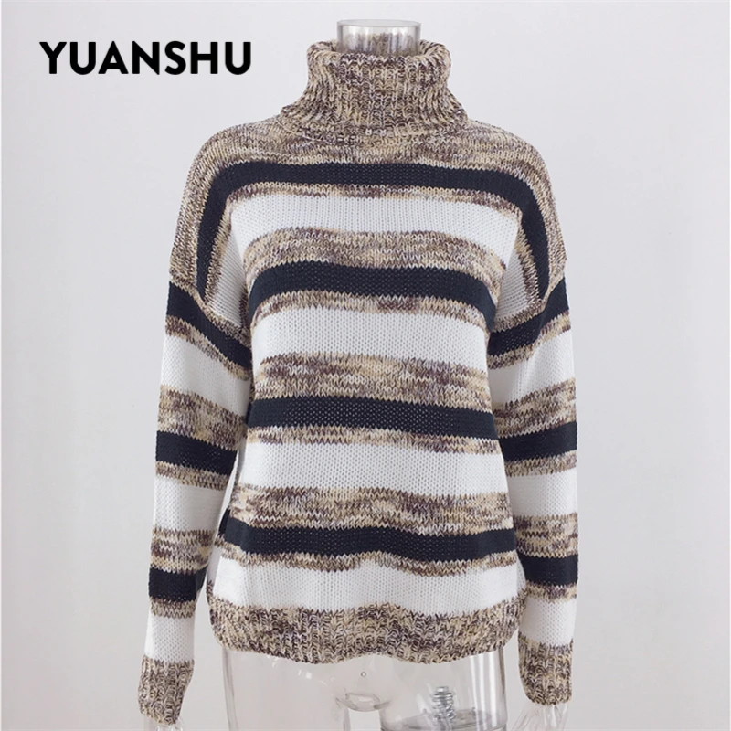 YUANSHU Casual Stripe Women Sweater 2019 Autumn Winter Turtle Sweaters Female Warm Knitted Pullover Jumper Fashion Knitwear | Женская