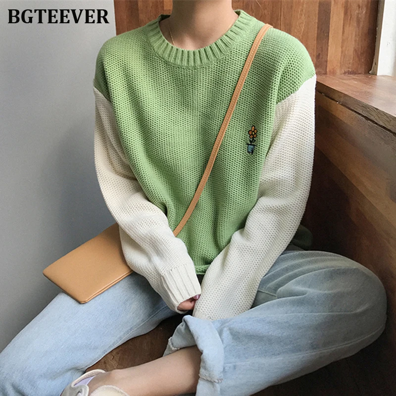 BGTEEVER шик вышивка Женский вязаный свитер с круглым вырезом осень зима женские