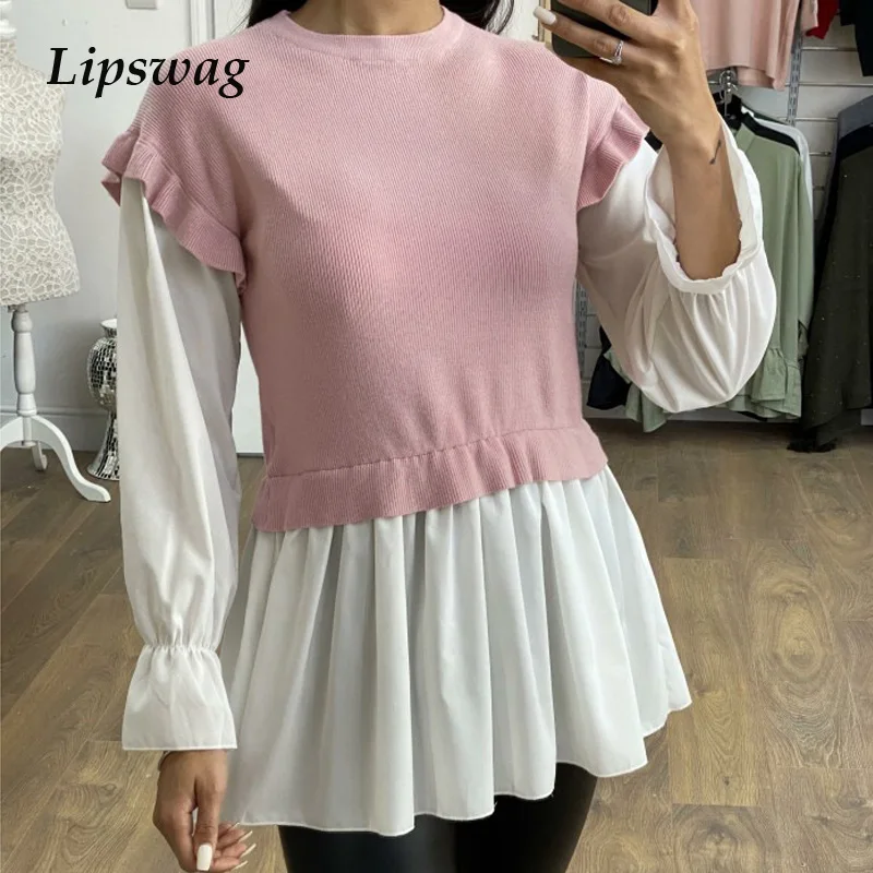 

Spring Elegant Patchwork Pleated Women Shirt Blusa Casual O Neck Rib Knit Ruffle Blouses Autumn Long Sleeve Loose Pullover Tops