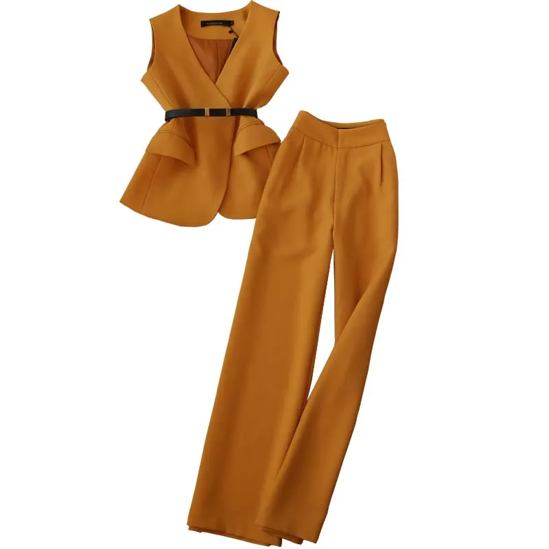 Комплект женских осенних брюк костюмы женские OL темперамент v-образным вырезом жилет+ Высокая талия прямые широкие брюки элегантные женские костюмы из двух частей - Цвет: yellow