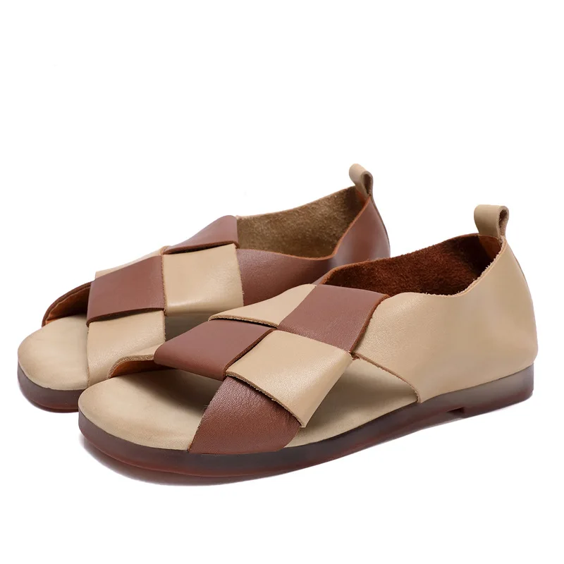

Johnature Women Sandals Genuine Leather Summer Shoes Mixed Colors Retro 2021 New Flat With Handmade Concise Ladies Sandals