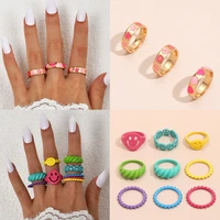 2021 new trend fashion golden heart smile rings set pink green color flower love heart ring for women boho jewelry gifts