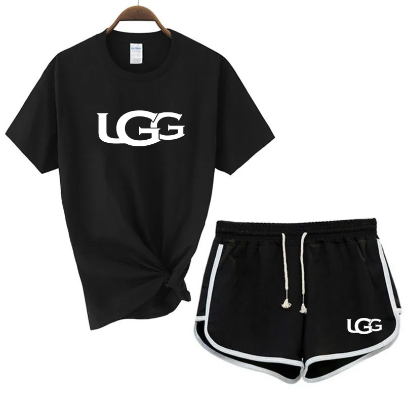 

Brand Ladies Sports Short-sleeved + Shorts 2-piece Sportswear Female T-shirt Shorts Suit Two-piece Beach Sports Cotton T-shirt
