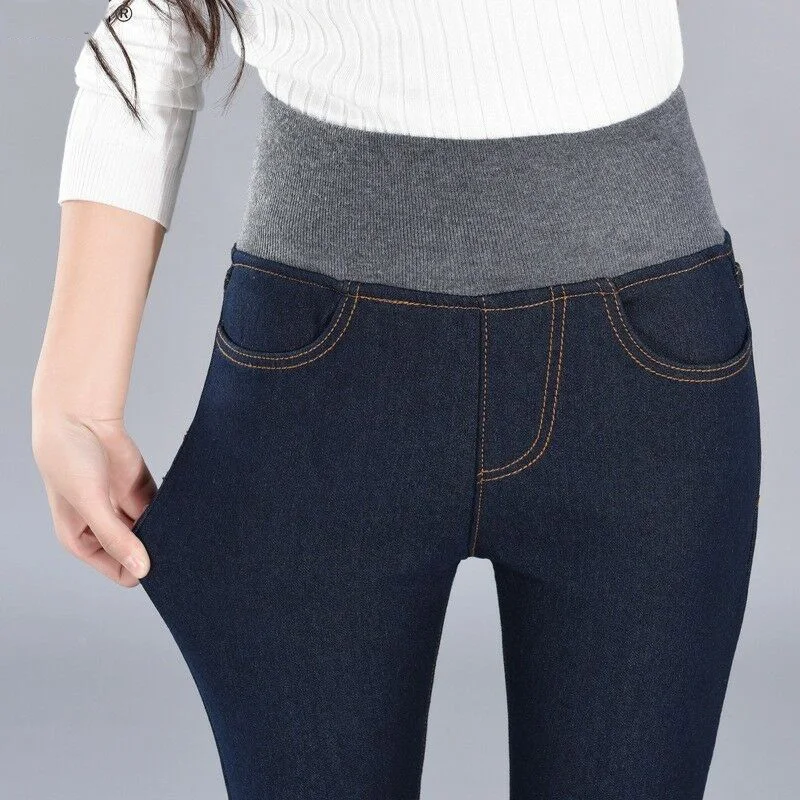 

Women Winter Thick Thermals Warm Fleece Nap Jeans High Waist Trousers Slim Pants Outdoor TC21
