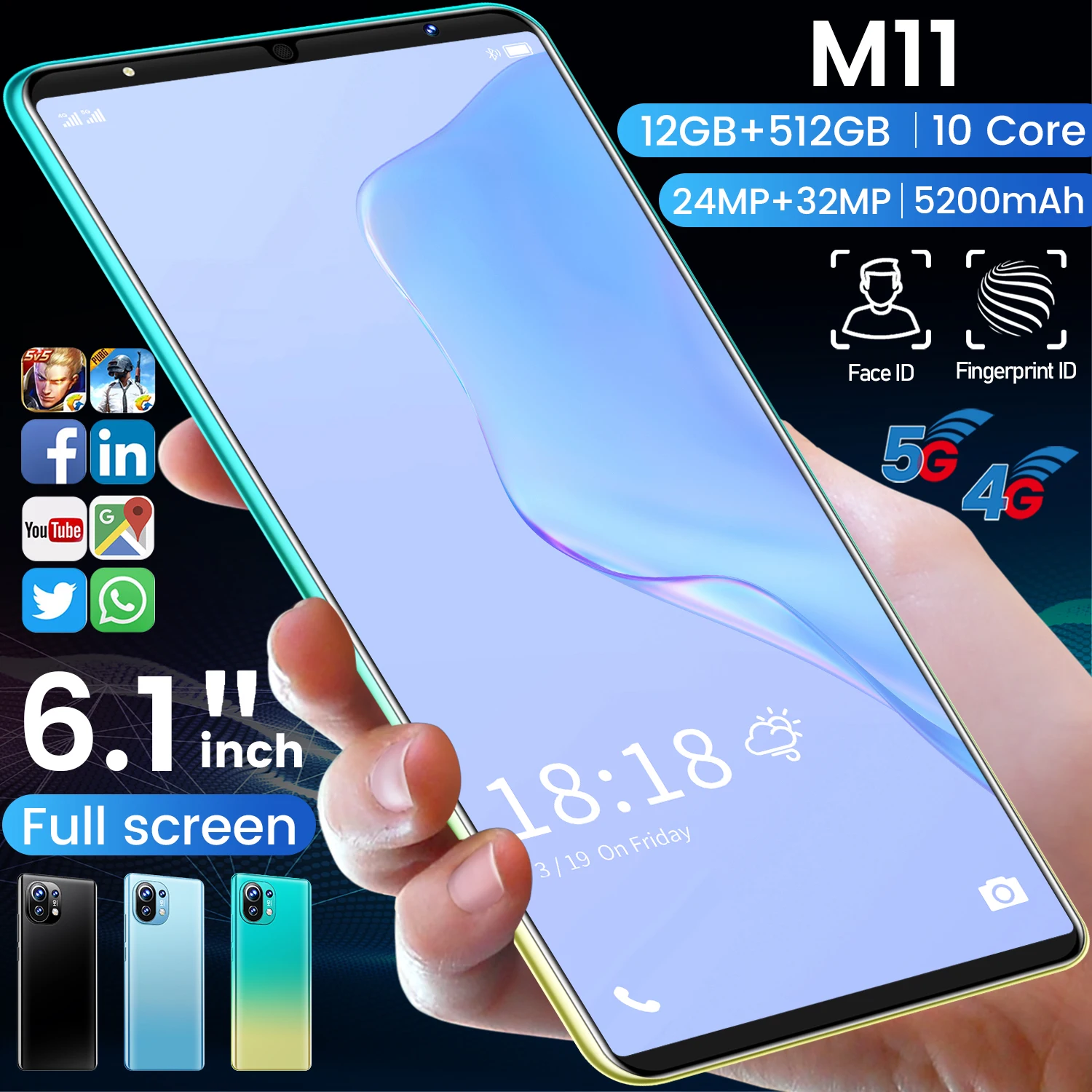 

2021 New Global Version M11 Smartphone 6.1Inch 12+512GB 5200mAh Dual SIM Dual Standby Support Face ID 4G 5G Android CellPhone