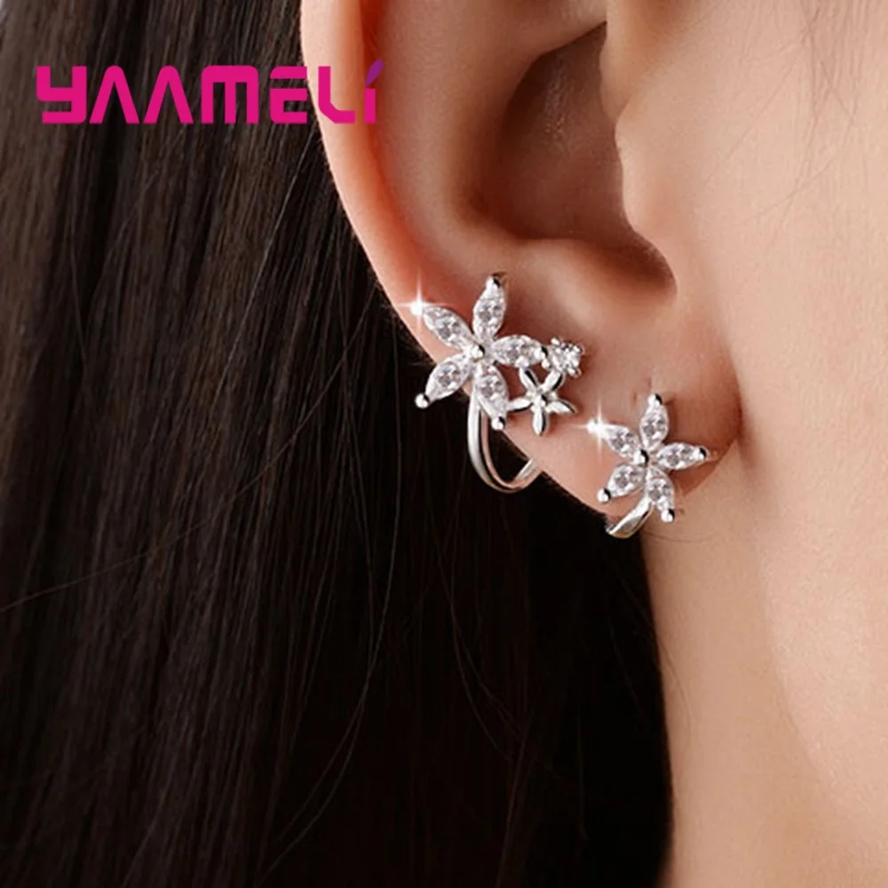 High Grade CZ Zircon Clip Earring Original 925 Sterling Silver Flowers Stars Statement Jewelry Pendientes for Women Female Gift | Украшения
