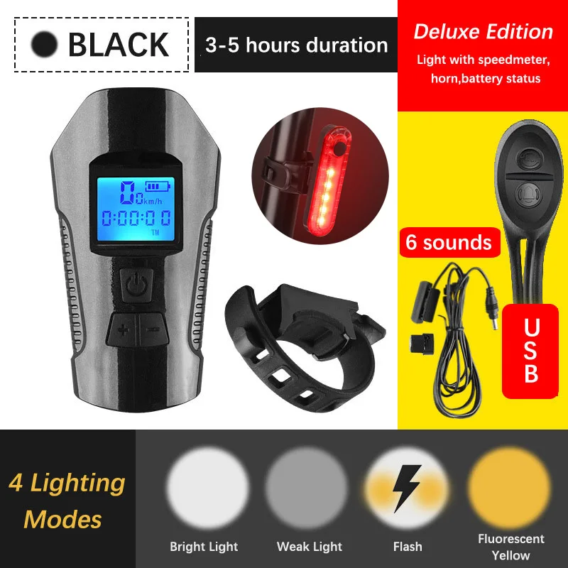 Style 1-06 4 режима USB велосипедный светильник и велосипедный компьютер 6 режимов Рог вспышка светильник велосипедный Спидометр светодиодный передний светильник s велосипедный головной светильник - Цвет: Style 1-06