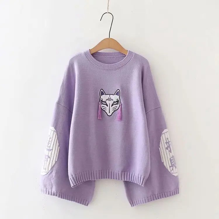 Женский красный свитер с вышивкой в стиле Харадзюку вязаный пуловер кисточками