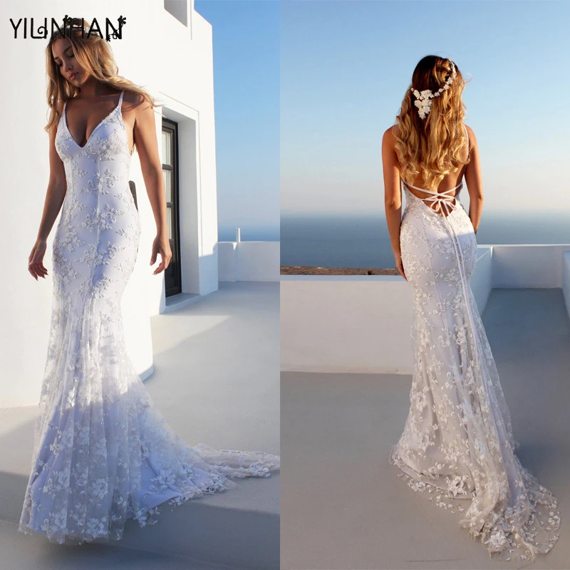 

YILINHAN Womens Lace Long Dress Summer Low Back Backless Open Mermaid Female Honeymoon Trip Clothes V-neck Suspender Dress Dress