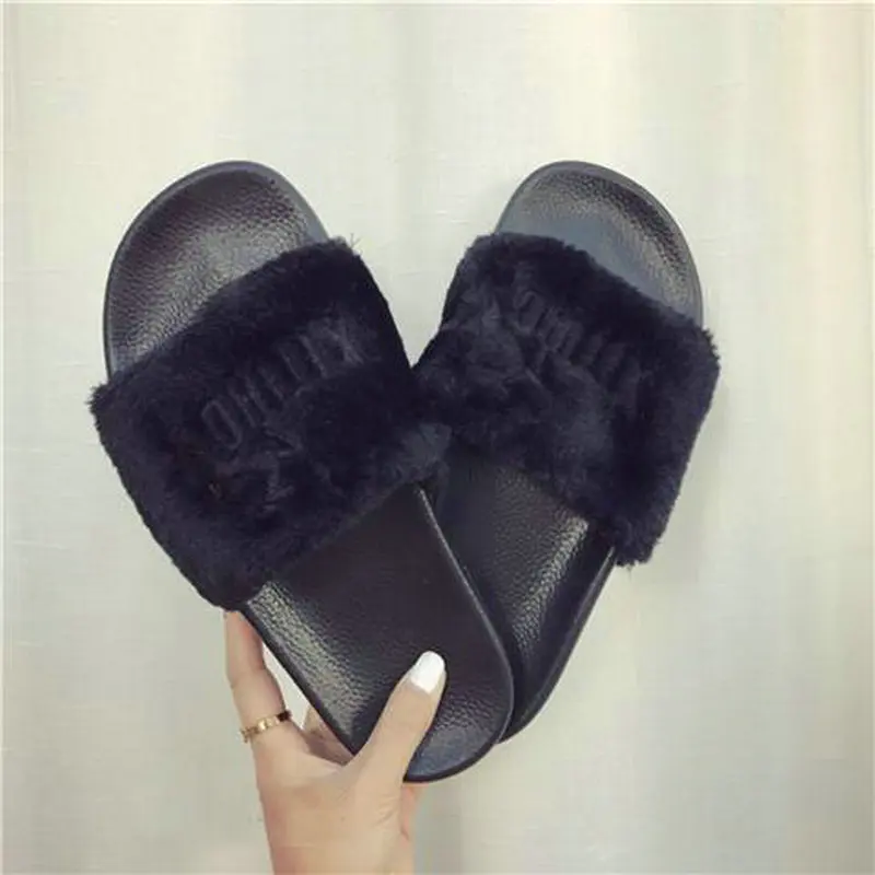 

Summer Slippers Woman Shoes 2021 Fashion Faux Fur Women Slippers Slip on Flip Flops Outdoor Flat Slippers Female Slides Size 41