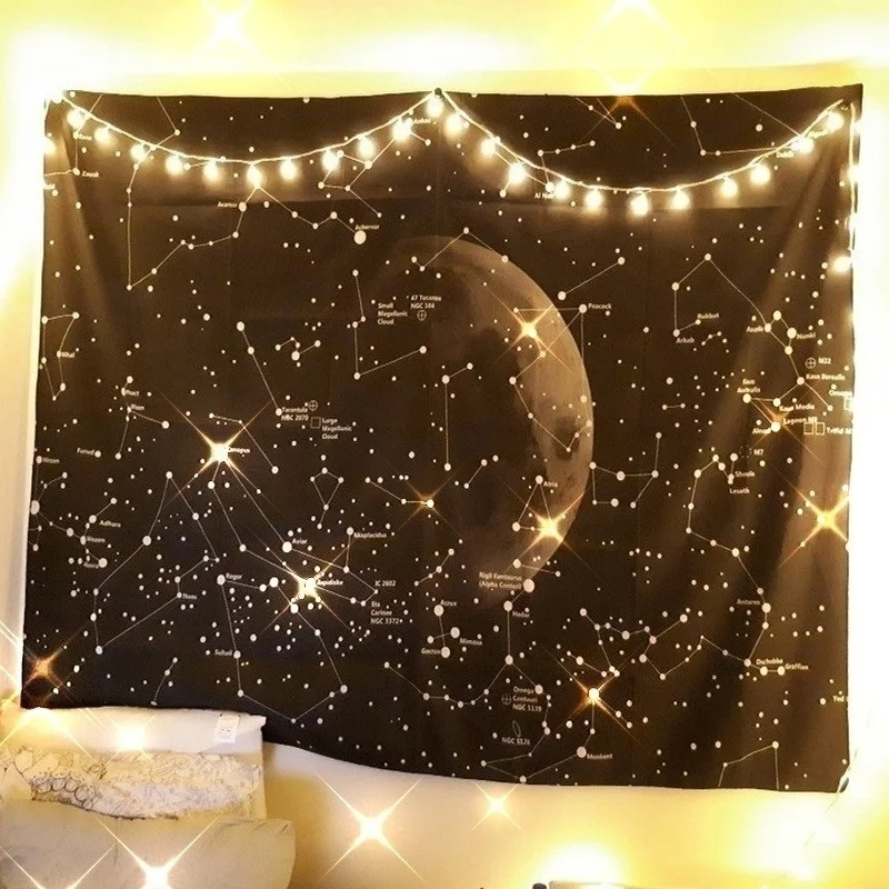

LED Light Moon and Star Tapestry Wall Hanging Led Light Strip Colorful Bedroom Scene Starlight Art Tapestry Bohemian Home Decor