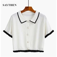 saythen summer korean womens short sleeve sexy crop buttons coat mini t shirt knitted shirts fashion hallow out ladies top