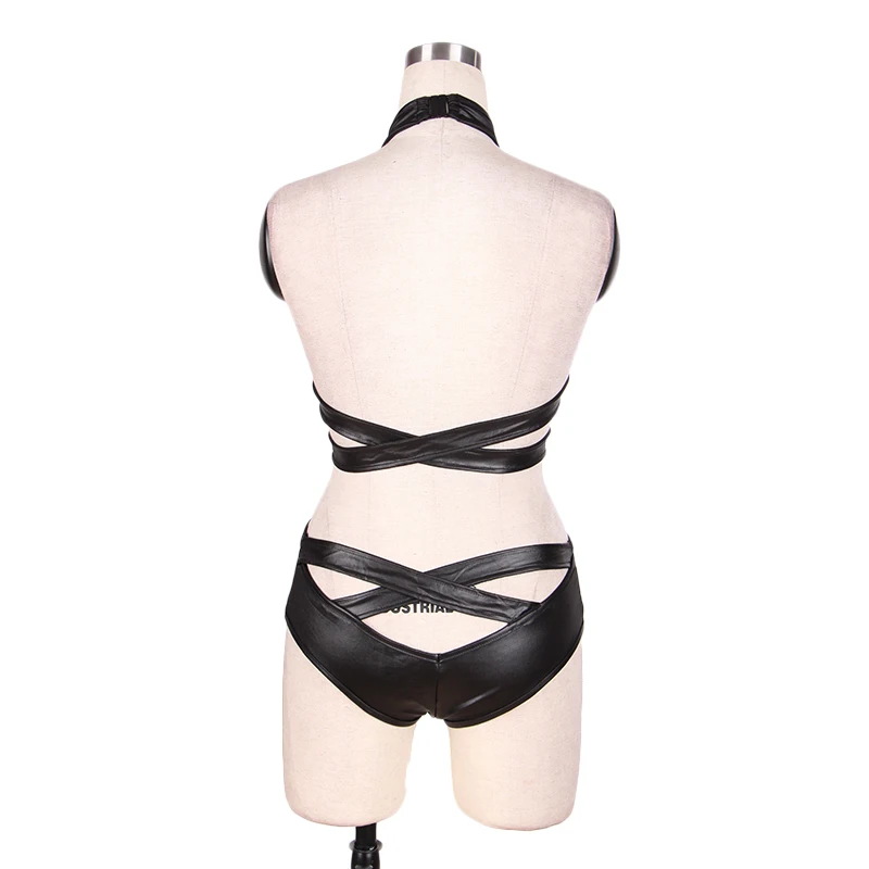 

XXL Hot Sexy Red Black Wet Look Faux Leather Catsuit Underwear Open Bra Crotchless Lace Up Erotic Halter Vinyl Bodysuit Lingerie